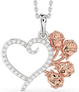 Large Diamond Silver & 10K Rose Gold Heart Flower Necklace