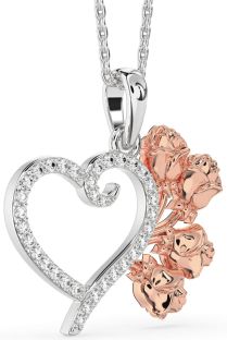 Large Diamond Silver & 10K Rose Gold Heart Flower Necklace