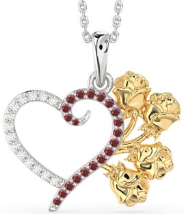 Large Diamond & Garnet Platinum & Yellow Gold Heart Flower Necklace