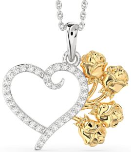 Large Diamond Platinum & Yellow Gold Heart Flower Necklace
