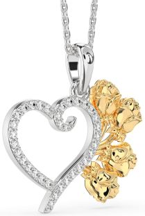Large Diamond Silver & 10K gold Heart Flower Necklace