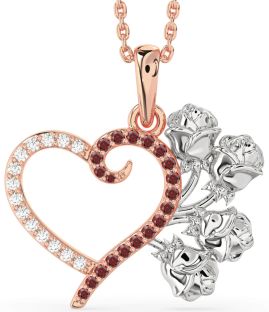 Large Diamond & Garnet Platinum & Rose Gold Heart Flower Necklace