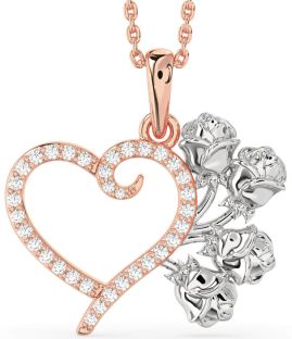 Large Diamond White Rose Gold Heart Flower Necklace