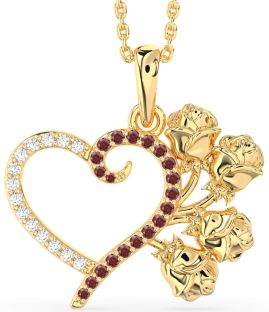 Large Diamond & Garnet Gold Heart Flower Necklace