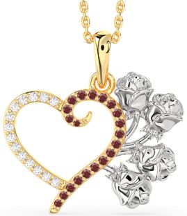 Large Diamond & Garnet Platinum & Yellow Gold Heart Flower Necklace