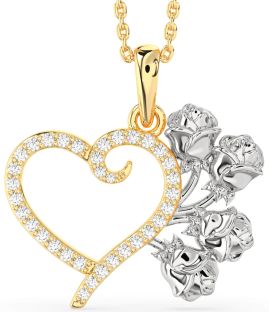 Large Diamond Platinum & Yellow Gold Heart Flower Necklace