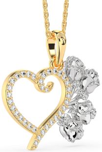 Large Diamond White Yellow Gold Heart Flower Necklace
