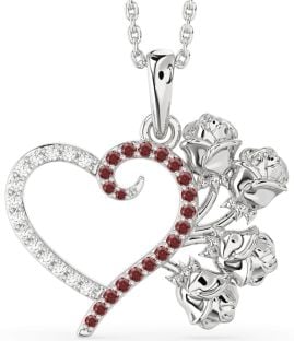 Large Diamond & Garnet Platinum Heart Flower Necklace