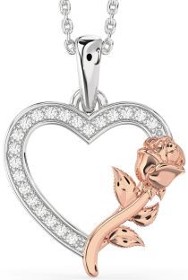 Diamond Silver & 10K Rose Gold Heart Flower Necklace