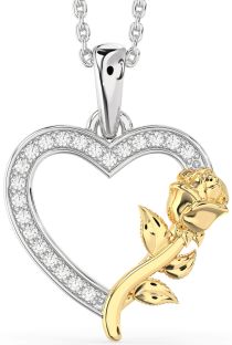 Diamond Silver & 10K gold Heart Flower Necklace