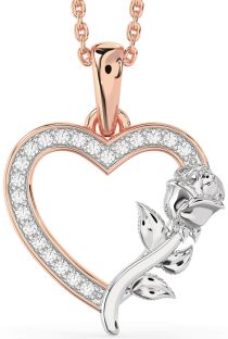 Diamond White Rose Gold Heart Flower Necklace