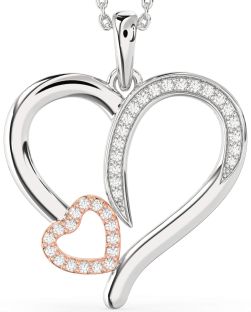 Large Diamond Silver & 10K Rose Gold Heart Necklace