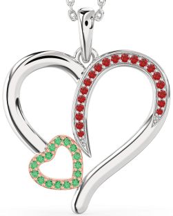 Large Emerald & Ruby Silver & 10K Rose Gold Heart Necklace
