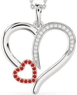 Large Diamond & Ruby White Rose Gold Heart Necklace