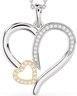 Large Diamond Silver & 10K gold Heart Necklace