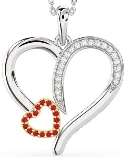 Large Diamond & Ruby Silver & 10K gold Heart Necklace