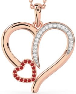 Large Diamond & Ruby Rose Gold Silver Heart Necklace