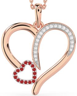 Large Diamond & Ruby Rose Gold Silver Heart Necklace