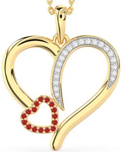 Large Diamond & Ruby Gold Silver Heart Necklace