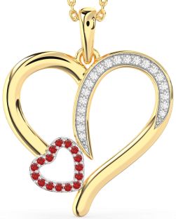 Large Diamond & Ruby Gold Silver Heart Necklace