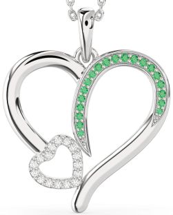 Large Emerald & Diamond Platinum Heart Necklace