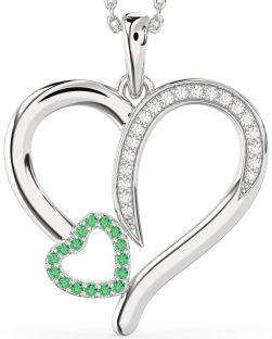 Large Diamond & Emerald Platinum Heart Necklace