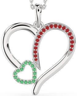 Large Emerald & Ruby Platinum Heart Necklace