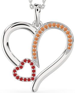 Large Ruby & Citrine Platinum Heart Necklace