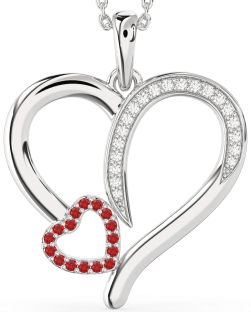 Large Diamond & Ruby White Gold Heart Necklace
