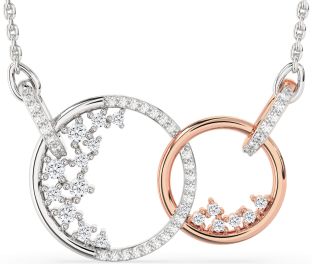 Large Diamond Silver & 10K Rose Gold Circle Interlock Necklace