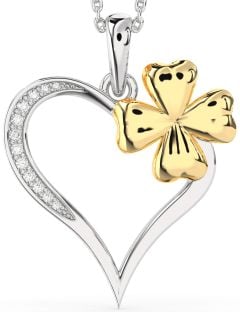 Large Diamond Silver & 10K gold Heart Clover Necklace