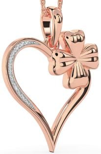 Large Diamond Rose Gold Heart Clover Necklace