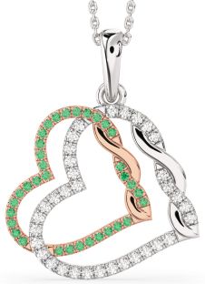 Large Emerald & Diamond Silver & 10K Rose Gold Heart Necklace