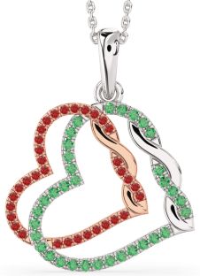 Large Emerald & Ruby Platinum & Rose Gold Heart Necklace