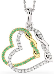 Large Emerald & Diamond Silver & 10K gold Heart Necklace