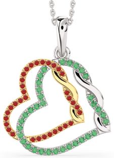 Large Emerald & Ruby White Yellow Gold Heart Necklace