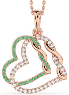 Large Emerald & Diamond Rose Gold Silver Heart Necklace