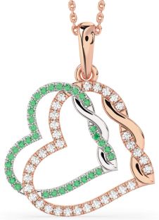 Large Emerald & Diamond Rose Gold Silver Heart Necklace