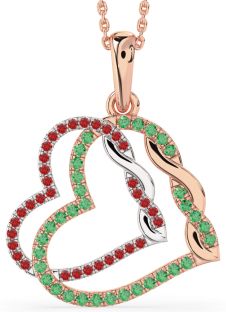 Large Emerald & Ruby Rose Gold Silver Heart Necklace