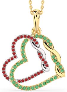 Large Emerald & Ruby Gold Silver Heart Necklace