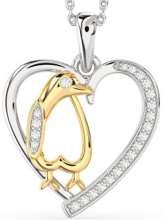 Diamond Silver & 10K gold Heart Penguin Animals Necklace