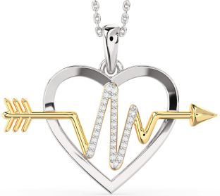 Large Diamond Silver & 10K gold Heart Necklace