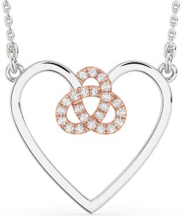Large Diamond Silver & 10K Rose Gold Heart Trinity Knot Necklace