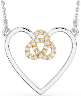 Large Diamond Silver & 10K gold Heart Trinity Knot Necklace