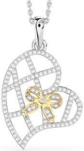 Diamond Silver & 10K gold Heart Bow Necklace