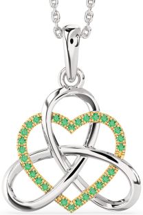 Emerald Silver & 10K gold Heart Trinity Knot Necklace