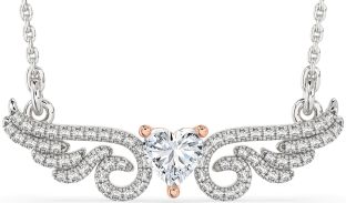 Large Diamond Silver & 10K Rose Gold Heart Wings Necklace
