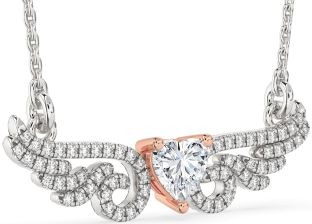 Large Diamond Silver & 10K Rose Gold Heart Wings Necklace