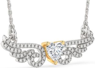 Large Diamond Silver & 10K gold Heart Wings Necklace