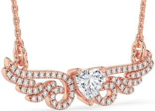 Large Diamond Rose Gold Silver Heart Wings Necklace